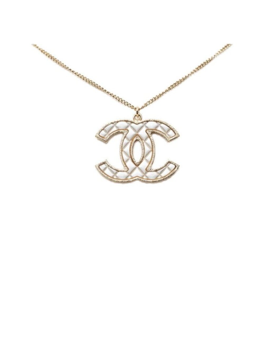 Chanel CC Logo Quilted Necklace Gold White Plated
